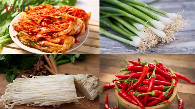 Nguyên liệu cho món canh nấm kim châm kết hợp cùng kim chi