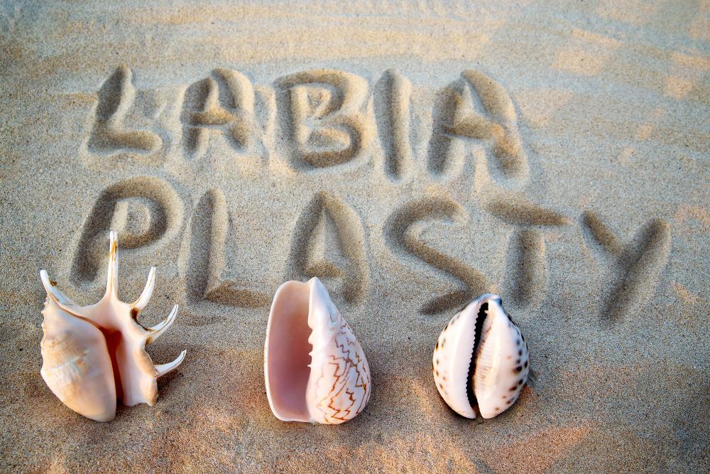 Sea shell in the form of female genitalia, vagina, inscription on the sand labiaplasty.