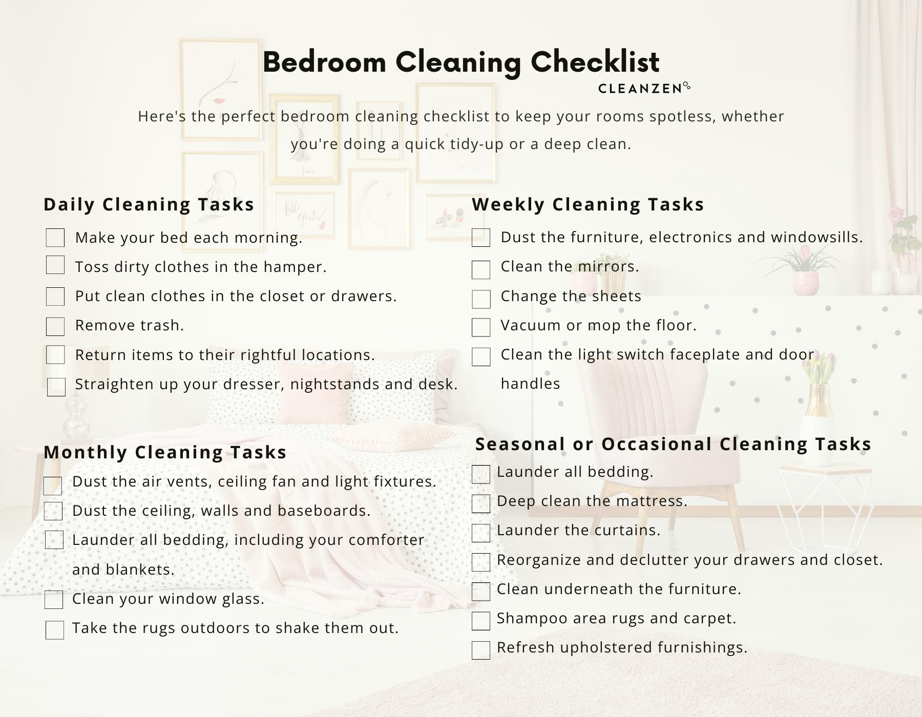 Bedroom Cleaning Checklist Cleanzen Infographic